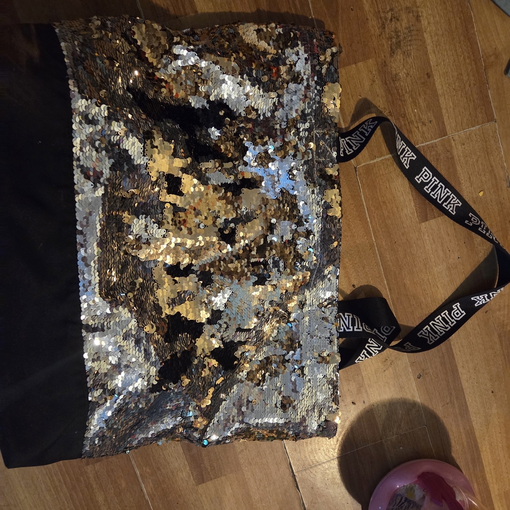 PINK Victoria's Secret Gold & Silver Sequin Tote with Branded Ribbon Handles